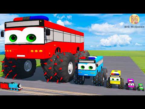 Big & Small Long Police Buses Spiderman vs Train Thomas | BeamNG.Drive