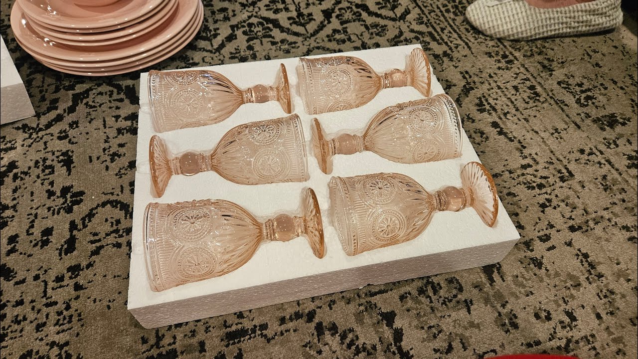 Set of 6 Pink Wine Glasses, Beautiful Glass Goblets