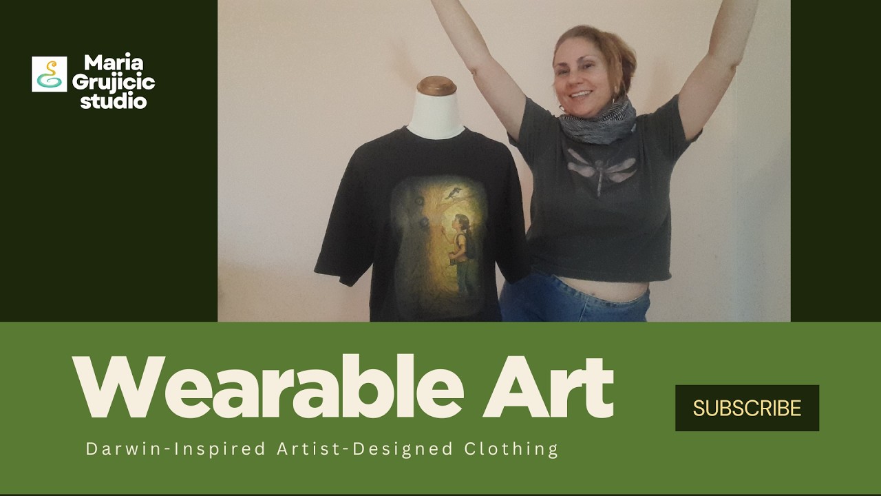 Maria Grujicic wearing artist-designed clothing beside a mannequin, introducing Darwin-inspired wearable art by Maria Grujicic Studio.