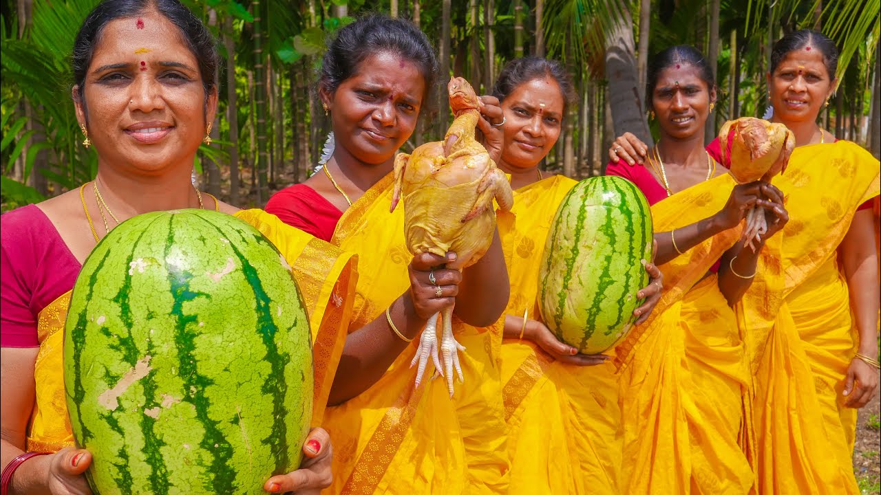 WATERMELON BUCKET CHICKEN | Chicken Cooked Inside the Bucket | Cooking Skill | Village Style