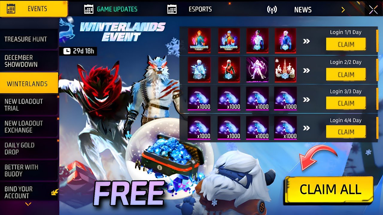FREE DIAMONDS 💎 FF WINTERLAND❄ EVENT FREE REWARDS 🤑 NEW EVO BUNDLE 🥶 NOOB TO PRO ACCOUNT FREE FIRE 🔥