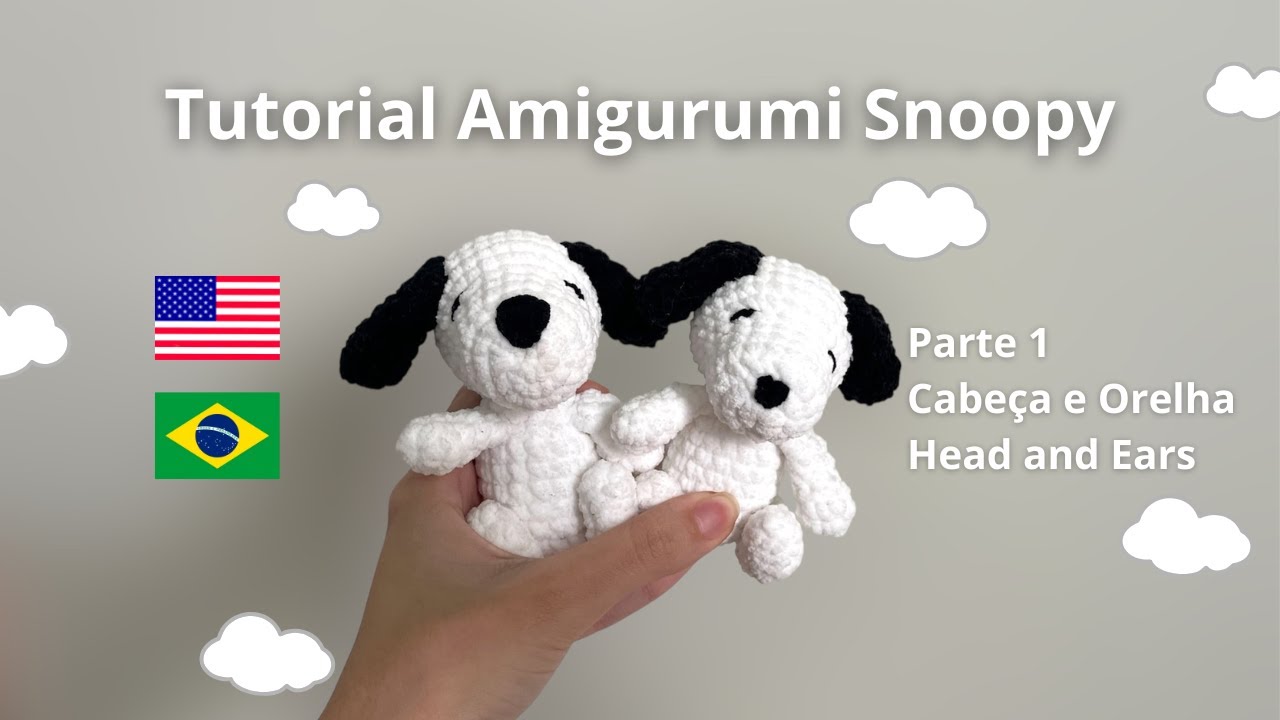 COMO FAZER SNOOPY EM AMIGURUMI FACIL PARA INICIANTES / FIO CHENILLE / PARTE 1 - CABEÇA E ORELHAS