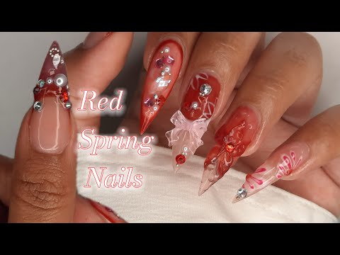 Red Nail Extensions Spring Design | How To Use Dual Forms + Nail Art Tutorial