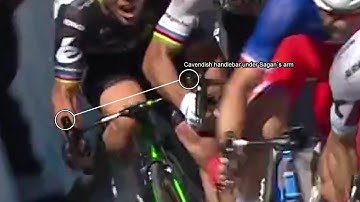 Cavendish handlebar caught under Sagan`s arm | Tour de France 2017 Stage 4