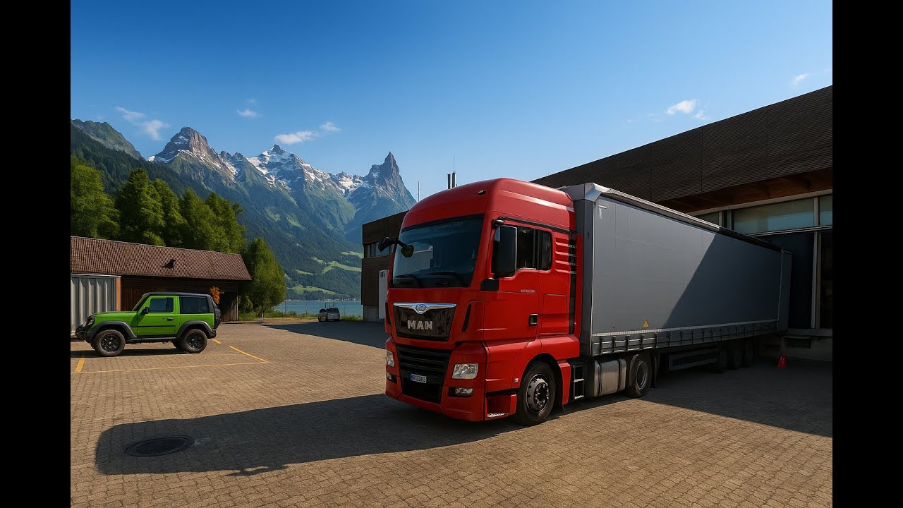 POV TRUCKDRIVER Traveling through the beautiful landscapes of Switzerland. Unloading empty bottles