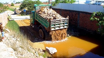 Start new bulldozer push stone filling the big pond dump truck cooperate  part 1