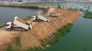 Omg!! Bulldozer SHANTUI Use Powerful Pushing Soil Into Water And 17 Ton Trucks