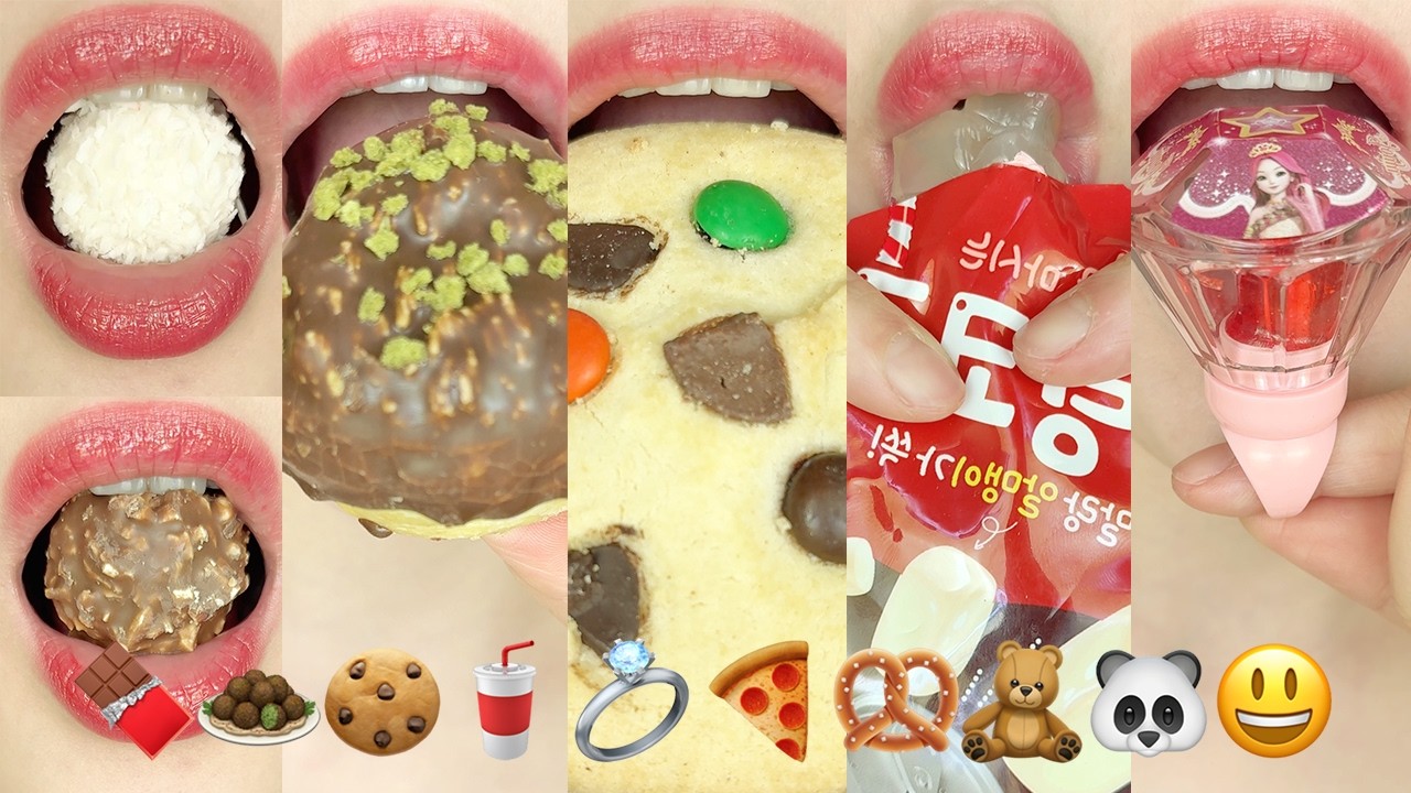 asmr EMOJI FOOD 🍫🧆🍪🥤💍🍕🥨🧸🐼😃 이모지 먹방 eating sounds
