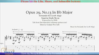 Opus 29, No.13 In Bb Major by Fernando Sor (1778-1839) for Classical Guitar with TABs