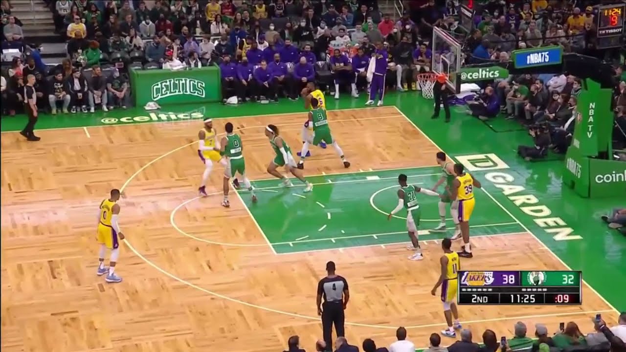 LOS ANGELES LAKERS LeBron James hits Impossible fadeaway Shot from behind board vs Boston Celtics