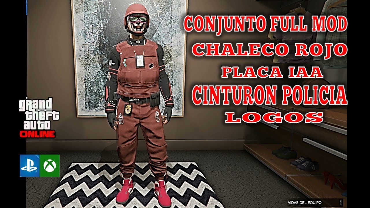 CONJUNTO FULL MOD CON CHALECO ANTIBALA ROJO LOGOS PLACA IAA ETC GTA V ONLINE PS4/5 XBOX ONE/SERIESPC
