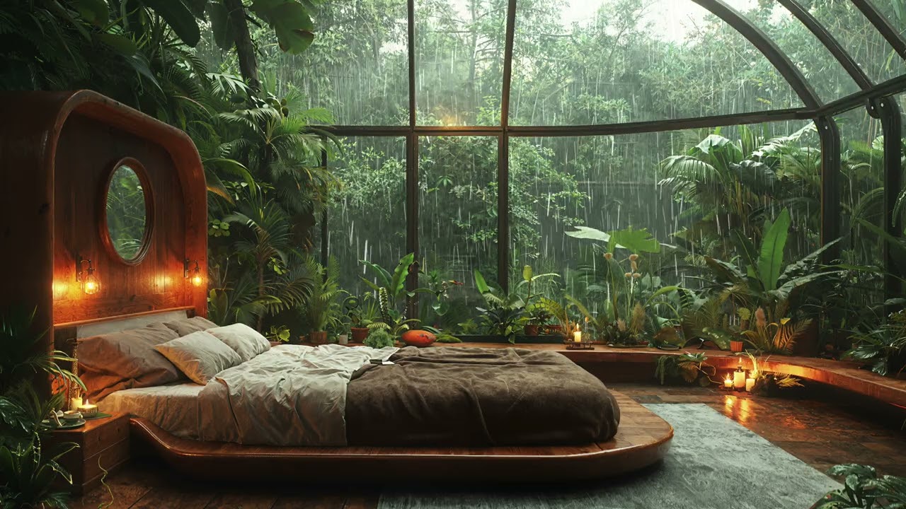 8 Hours Pure Rain on Greenhouse Glass | Cozy Greenhouse Bedroom for Deep Sleep