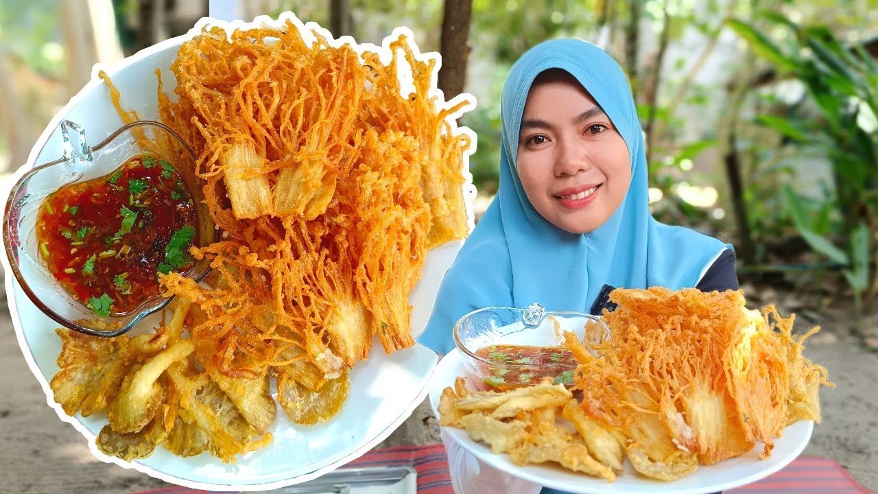 Cendawan celup tepung goreng gini sedap kak2 yo Oooo hari ni เห็ดเข็มทองชุบแป้งทอด