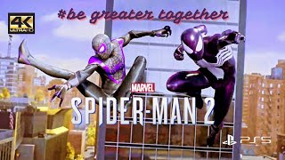 Marvel Spider-Man 2. Pete's Black Suit and Miles Classic Suit IN PURPLE Gameplay. 4k60FPS