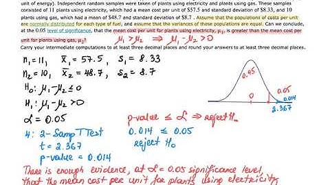 Hypothesis test for the diff. of pop. means, T-test using TI 84 2 SampTTest, Elem. Stats in ALEKS