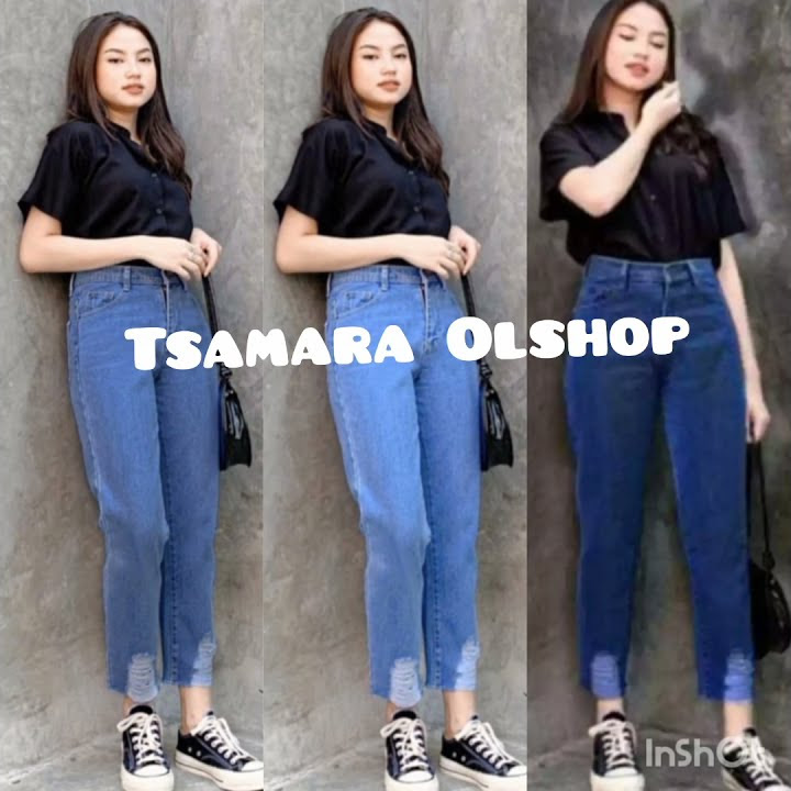 Tsamara Olshop. Celana jeans boyfriend sobek