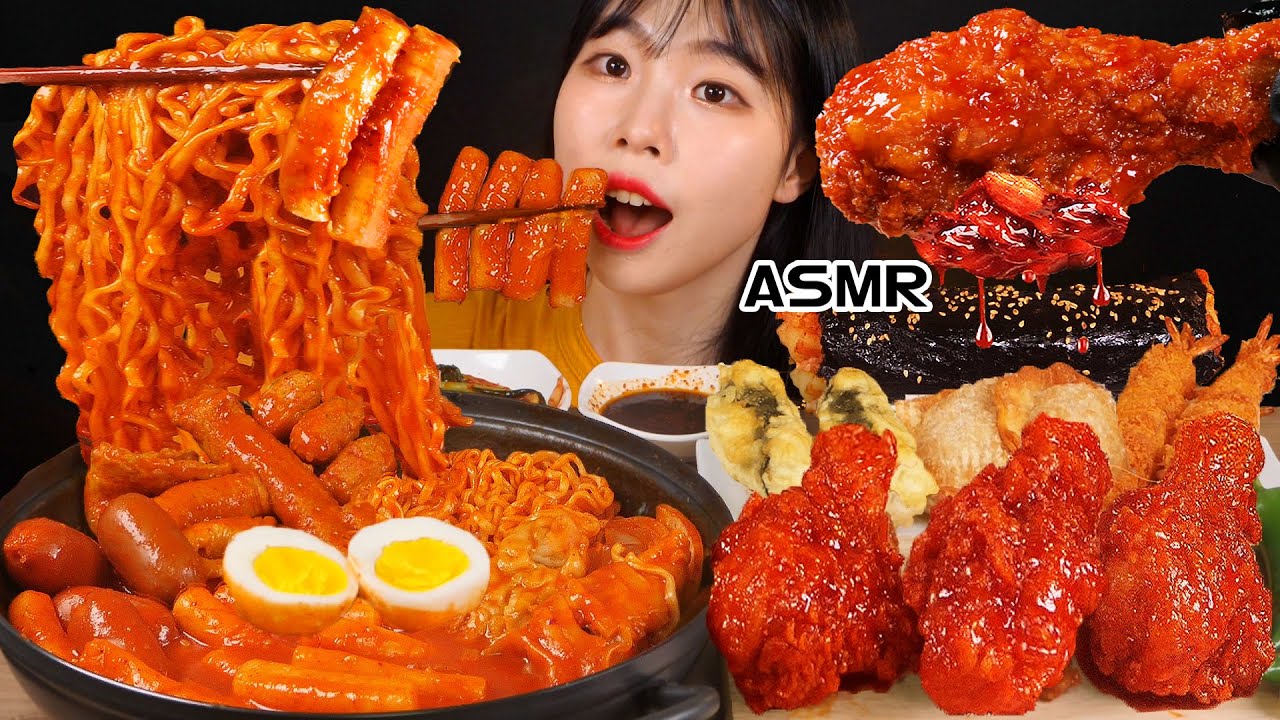 ASMR MUKBANG         FRIED CHICKEN AND Tteokbokki EATING