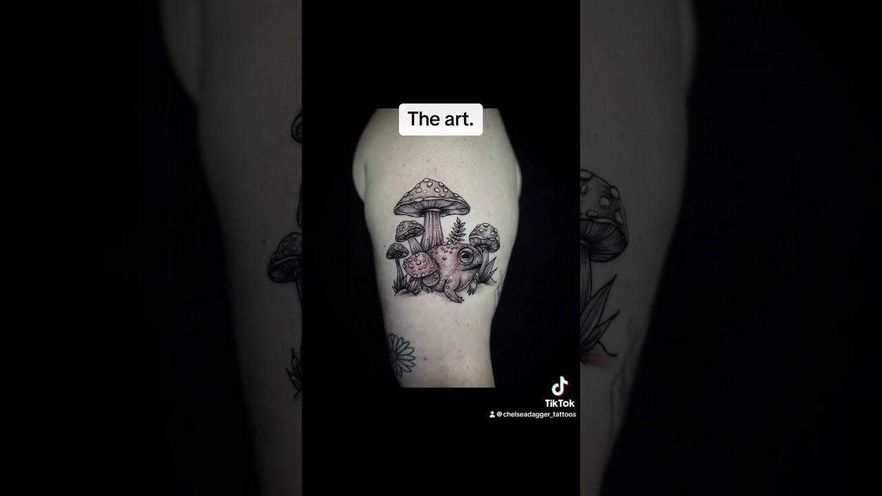 Lil angry avocado (rain frog) and mushroom tattoo for ya