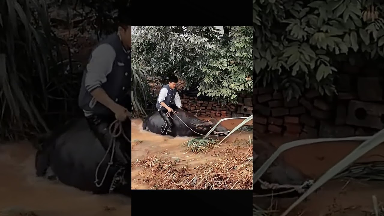 Boy Rides Water Buffalo Through Flooded Field
