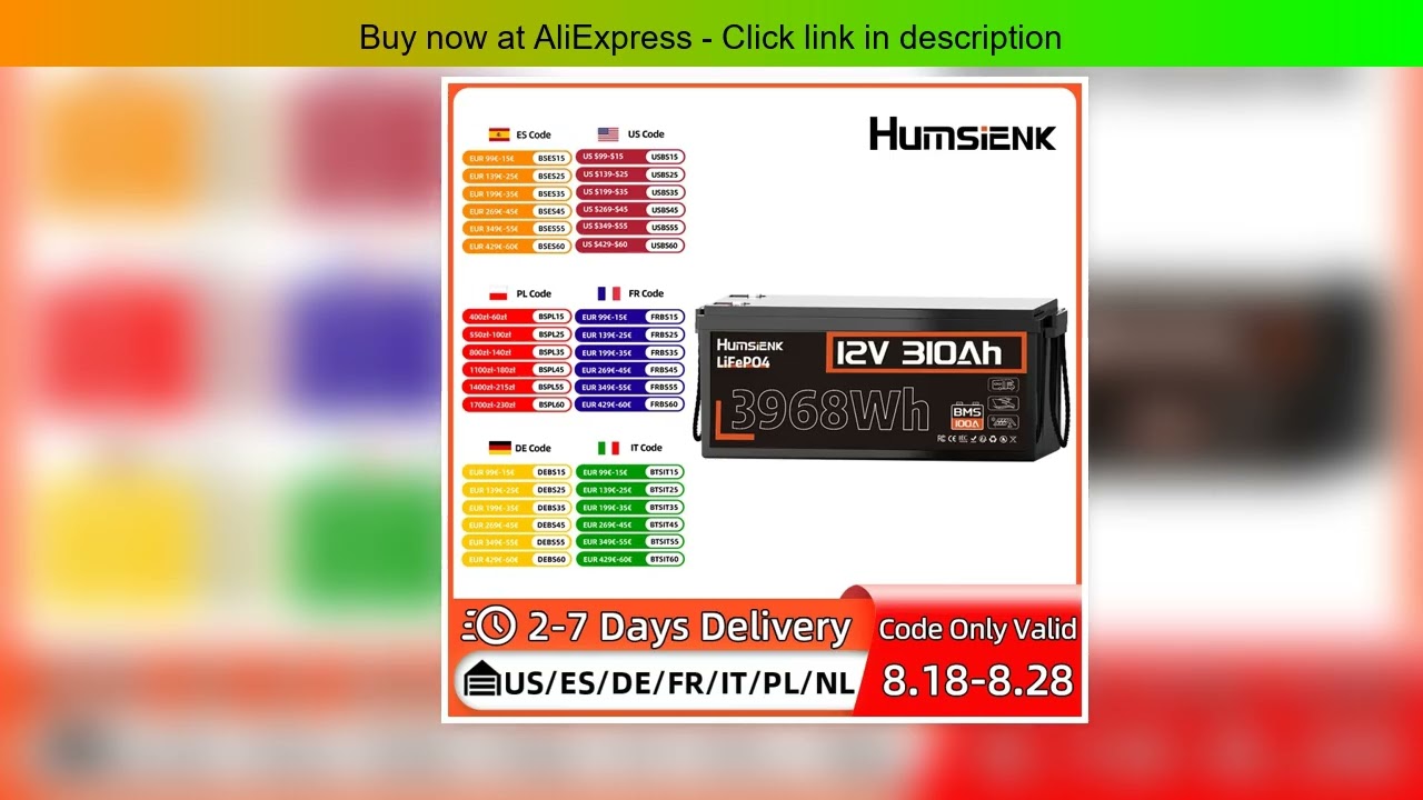 HumsiENK 12V 310Ah LiFePO4 Lithium Battery 100A BMS 15000 Cycles Off-grid/RV/Camp/Marine/Energy Sto