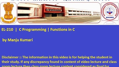 EL-210|ME-210  |  C Programming | Functions in C  by Manju Kumari GPC Bikaner