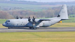 [4K] Royal Canadian Air Force (RCAF) C130J Takeoff at Prestwick Airport March 2022