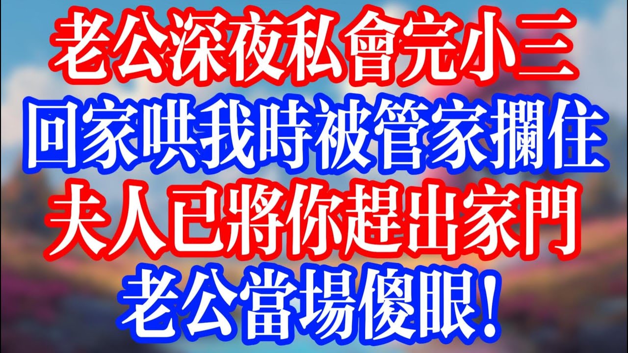 老公深夜私會完小三，回家哄我時卻被管家攔住；夫人已將你趕出家門，老公當場傻眼！#老人社 #小說  #小說推文 #生活經驗 #情感故事 #退休生活 #子女孝順 #老人頻道  #自主養老 #小三