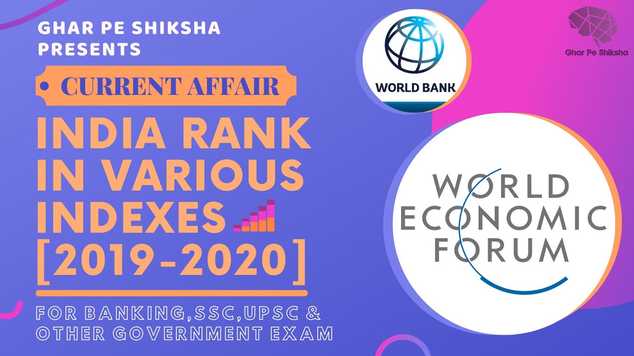 INDIA'S RANK IN VARIOUS INDEX [2019-2020] |(सभी important सूचकांक) |IMPORTANT FOR BANKING ,SSC ETC.