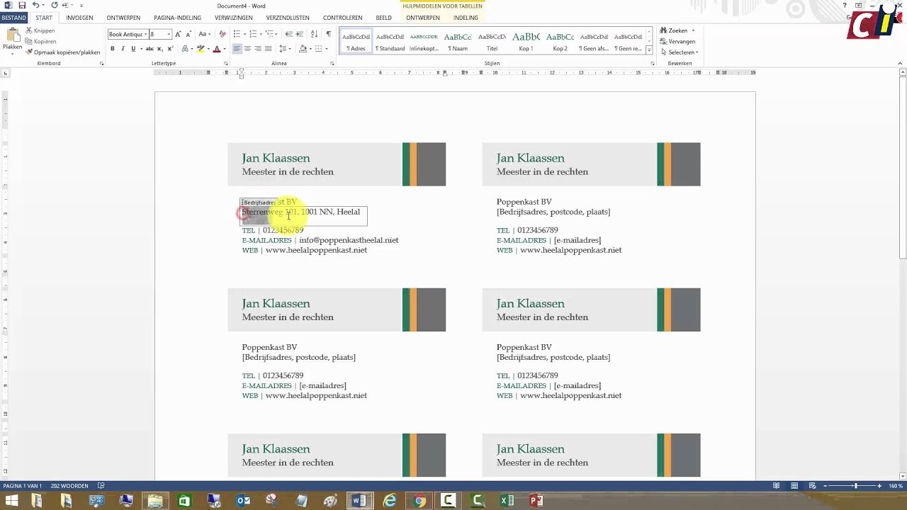 Arbeid klassiek pk Visitekaartjes in Word 2013 - YouTube