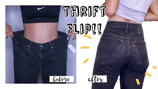 THRIFT FLIP: TAKING IN OVERSIZED JEANS | resizing huge jeans to fit my waist (and butt!!)