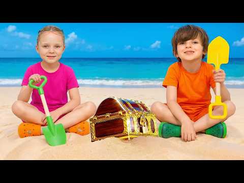 A treasure chest hidden beneath the sand! It's filled with gold-wrapped chocolate coins!