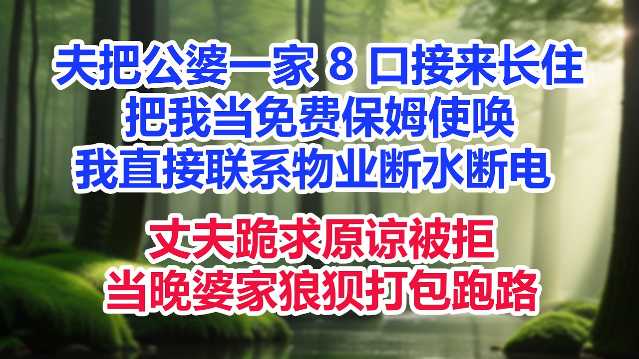 夫把公婆一家 8 口接来长住，把我当免费保姆使唤，我直接联系物业断水断电 ，丈夫跪求原谅被拒，当晚婆家狼狈打包跑路