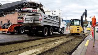DUMP TRUCKS #12 -- Dump Trucks & Cold Asphalt Milling Machine Removes Road Surface