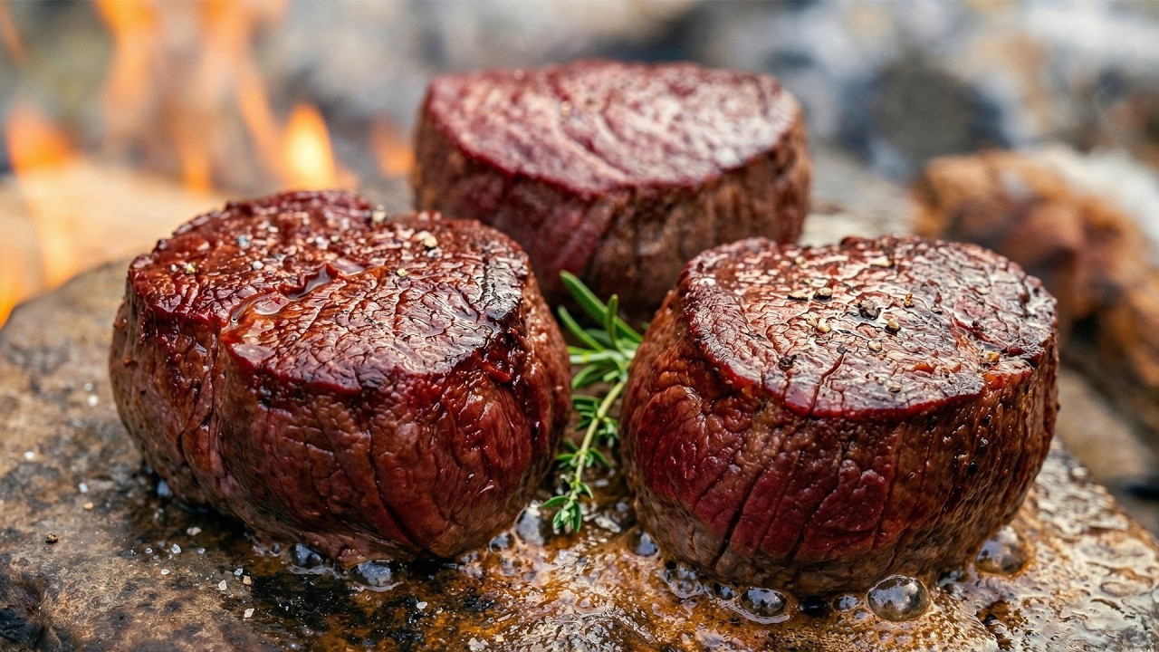 🔥ASMR Sizzling Steak on a Hot River Stone | Relaxing Forest Cooking