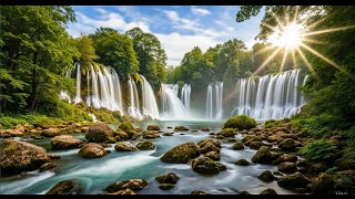 Sunlit Cascade Amidst Tranquil Woods,Emerald Rapids Under Golden Sunlight Relaxing | Lyric song