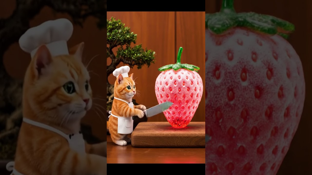 Orange Cat Slices Glass Red Strawberry in Slow Motion 🍓🔪 #asmr #glassfruit #satisfyingvideo