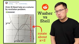 Need help on a volume of revolution problem, rotate about x=2. Washer vs shell method. Reddit