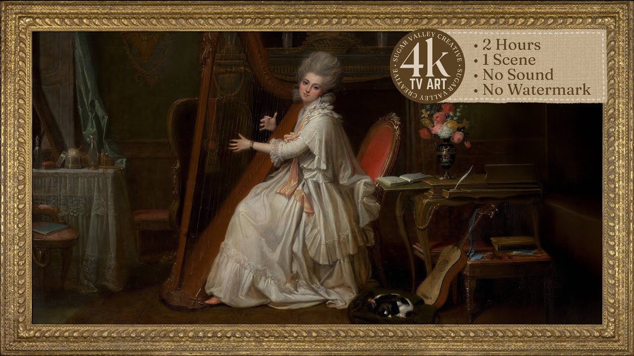 Vintage TV Art - Beautiful Lady Playing Harp Gold Frame | 4K • 2 HR | Framed Antique