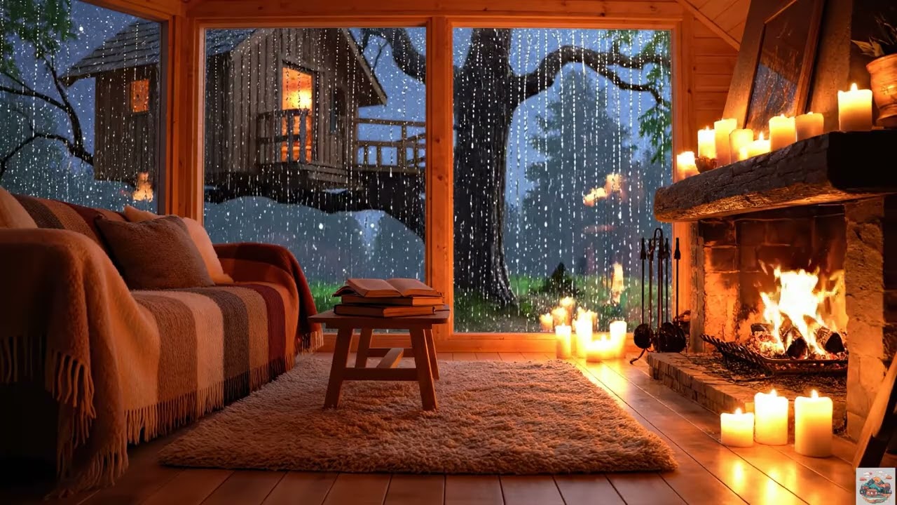 Cozy Treehouse at Night – Rain Sounds, Fireplace Candles & Soft Ambience for Sleep & Relaxation
