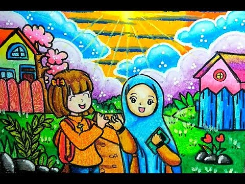 Menggambar Tema Teman Berbeda Agama Cara Gradasi Warna Oilpastel Youtube