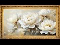 WHITE Peonies In A Beautiful Frame TV Art With Background Jazz Music 