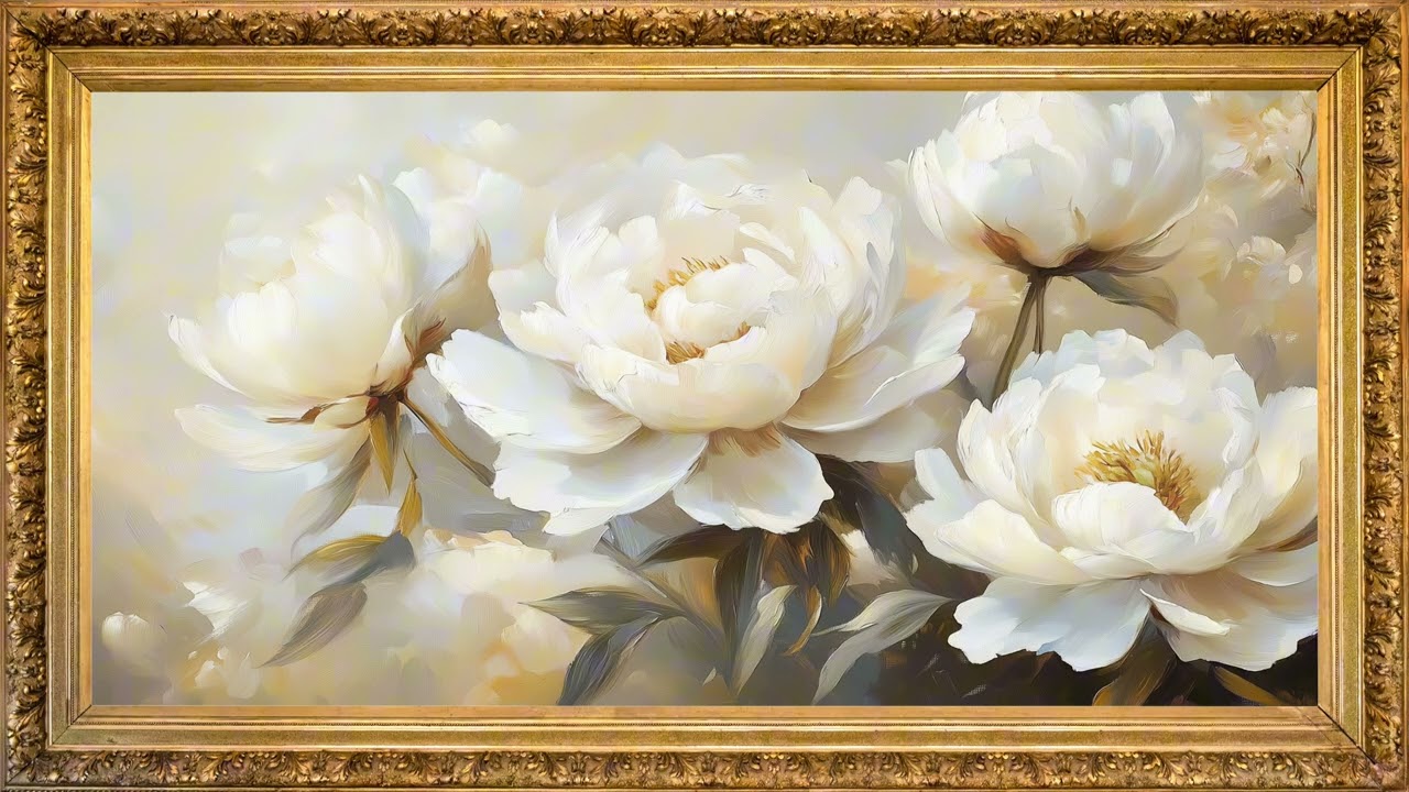 WHITE Peonies in a Beautiful Frame TV Art with background jazz music