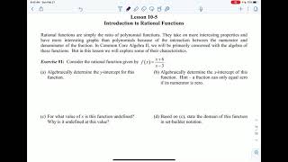 Alg 2 Unit 10 Lesson 5 Introduction to Rational Functions