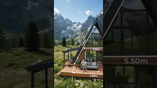 Mountain A-frame cabin with deck and dimensions.