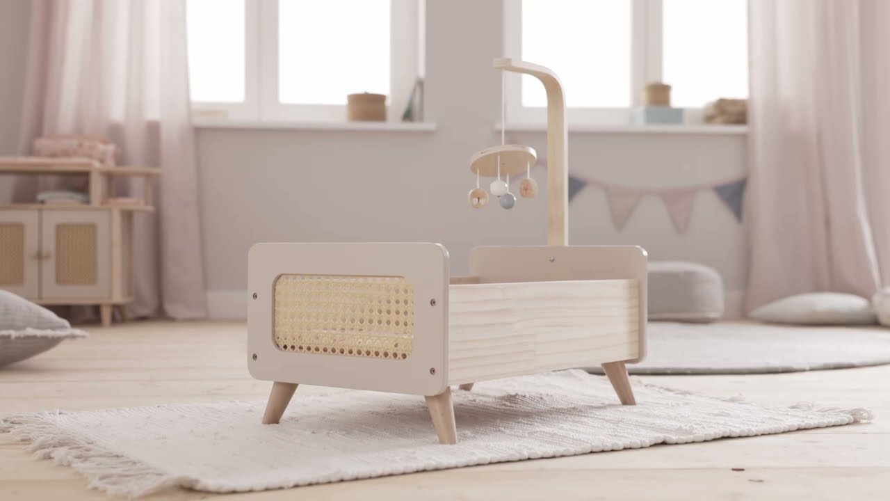 howa Houten Poppenbedje miniflowers met Mobiel inclusief Beddengoed