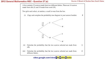 2012 General Maths HSC Q27e Find 2-stage without replacement probability given partial tree diagram