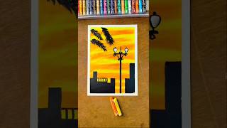 Golden Sunset Cityscape with Street Lamp | Gallery Soft Oil Pastels Drawing Step by Step #shorts