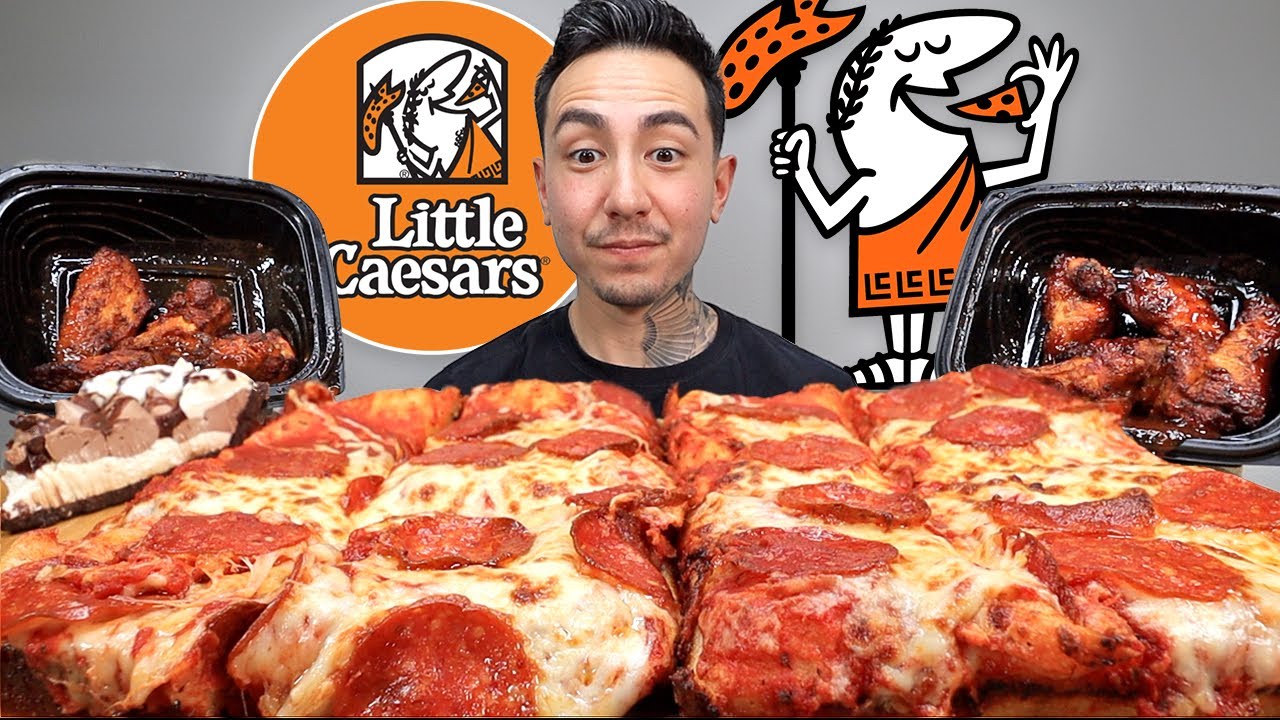 MUKBANG EATING Little Caesars SAUCY Detroit-Style Pizza, BBQ Wings, Hershey's Chocolate Pie