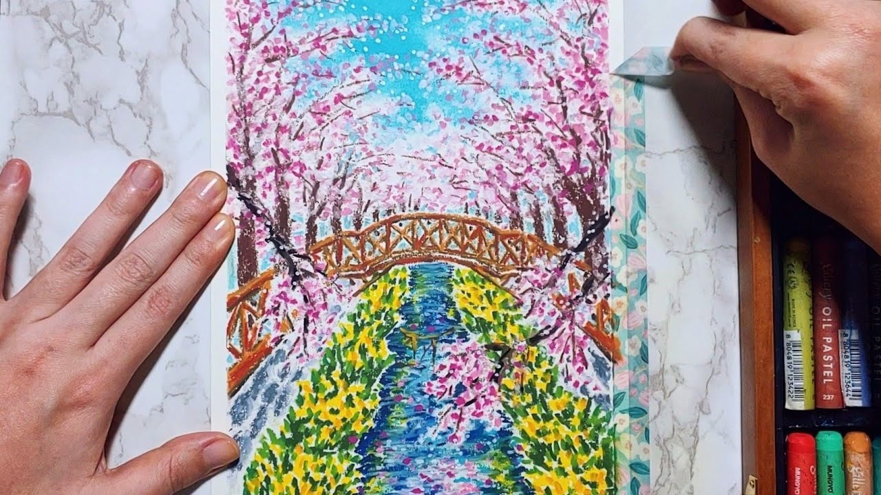 Oil Pastel landscape 41 / A Cherry Blossom Bridge _ Healing painting