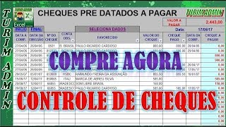 Planilha de controle de cheques a pagar e baixa, R$ 50,00, filtra por banco, data conciliação